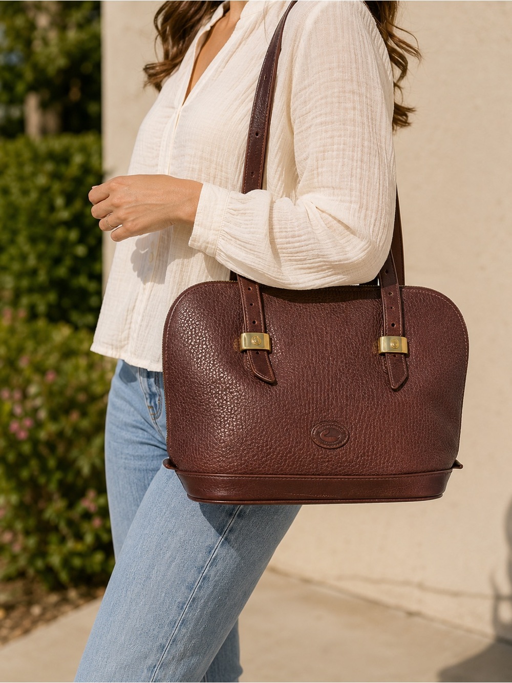 Dooney and Bourke Vintage Brown Leather Dome Tote Shoulder Bag  Zip Satchel